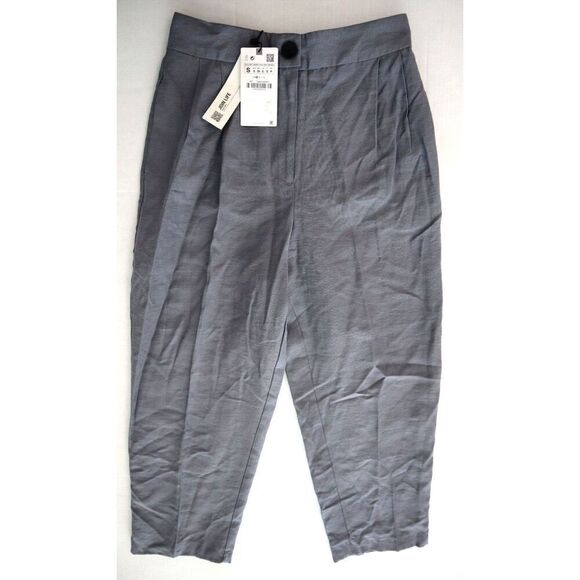 Zara Women's Sz S Gray Pleated Hi-Rise Tapered Cropped Lyocell Dress Pants - Picture 1 of 8